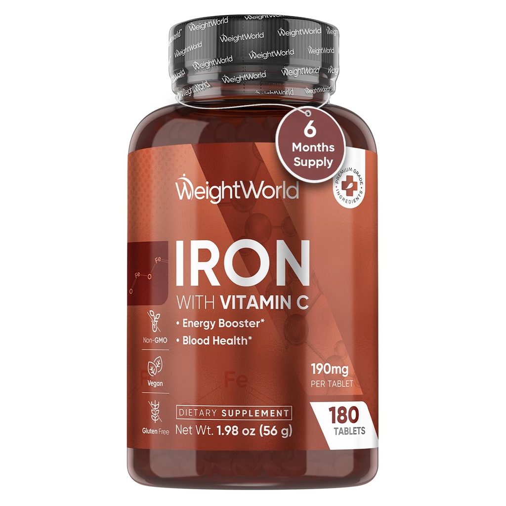 PesoWorld Iron Supplement 65mg - com vitamina C 125mg - 180 Tablets Vegan (6 meses de fornecimento) - Gentil Carbonyl Iron Supplement for Women & Men - Energy Booster & Blood Heath - Não-GMO & Gluten-Free