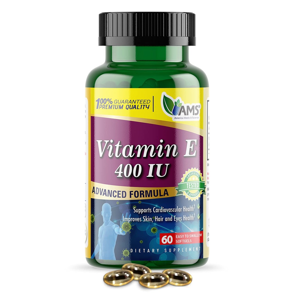 América Medic & Science Vitamina E 400 UI (60 Softgels) Suplemento dietético que apoia a saúde do coração, promove a pele saudável, cabelo, olhos e sistema imunológico