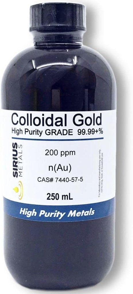 Verdadeiro ouro coloidal – 200 ppm - 250 ml (8.45 Fl Oz) em garrafa de plástico transparente BPA-Free