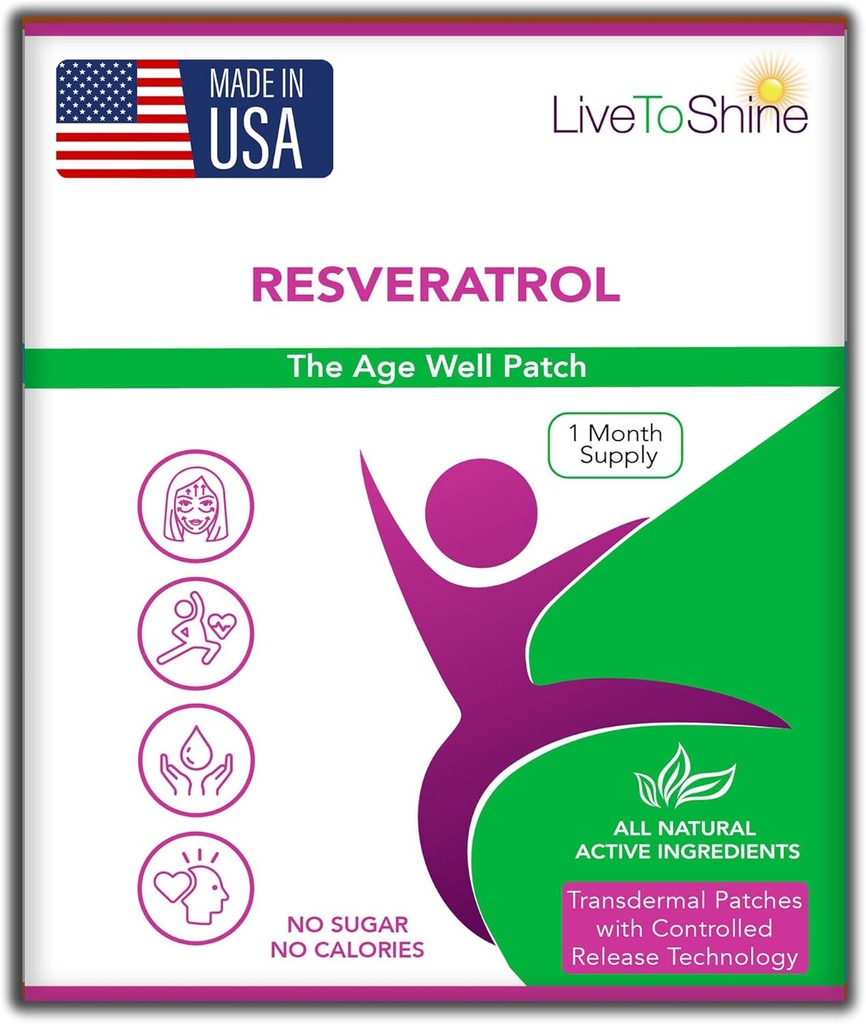 Live To Shine Resveratrol Patch - Suporte antioxidante baseado em plantas transdérmicas para envelhecimento saudável e bem-estar - 30 Patches para mulheres e homens - EUA Made
