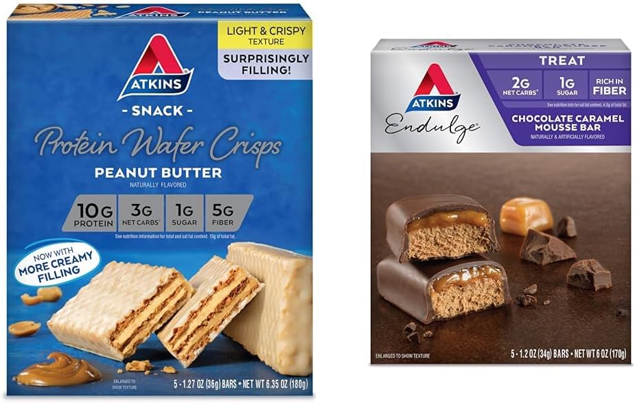 Atkins Manteiga de amendoim proteína Wafer Crisps 5 Count and Chocolate Caramel Mousse Bares 5 Count Bundle