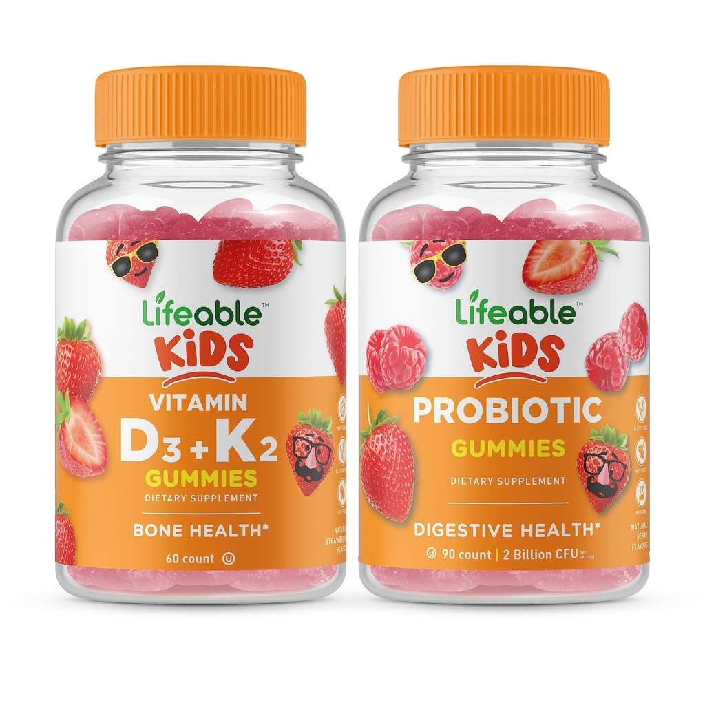 Vitamina D3 viva + Vitamina K2 Crianças + Probiótico 2 bilhões de UFC Crianças, chicletes Bundle - Grande degustação, Suplemento Vitamina, Sem glúten, GMO livre, chiclete mastigável