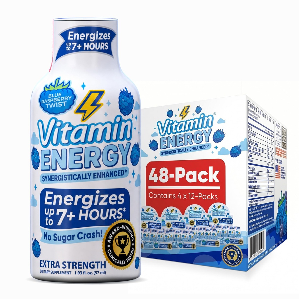 Vitamina Energia Imune+ Força extra Energia Shot Blue Framboesa 48 Pack, 260mg Cafeína Natural, B-Vitaminas, Citicolina, Chá Verde, Imunidade e Foco Suporte, Açúcar Zero, Sem glúten 1,93 fl oz