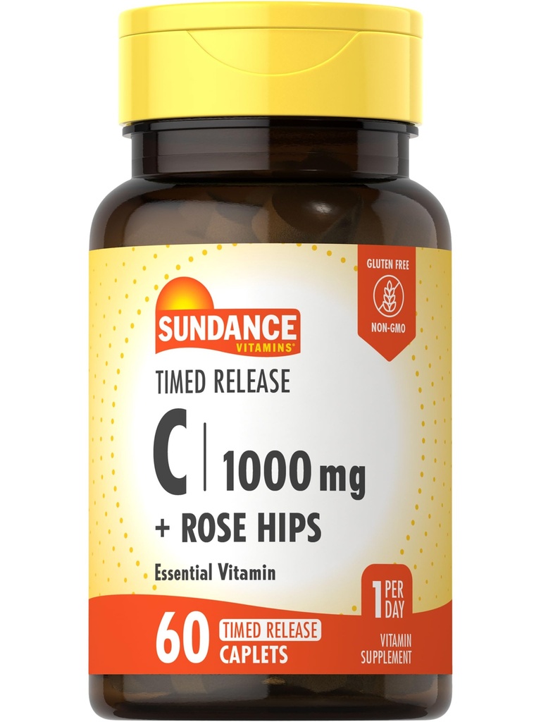 Sundance Vitamina C 1000mg com ancas de rosa 60 Caplets Release cronometrada, vegetariana, não-GMO e suplemento sem glúten