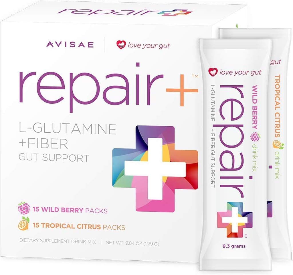 Repair+ L-glutamina + Fiber 30 Stick Packs Love Your Gut! Avisae Optimall Nutrition Repair+ l-glutamina + Fibra Bebida