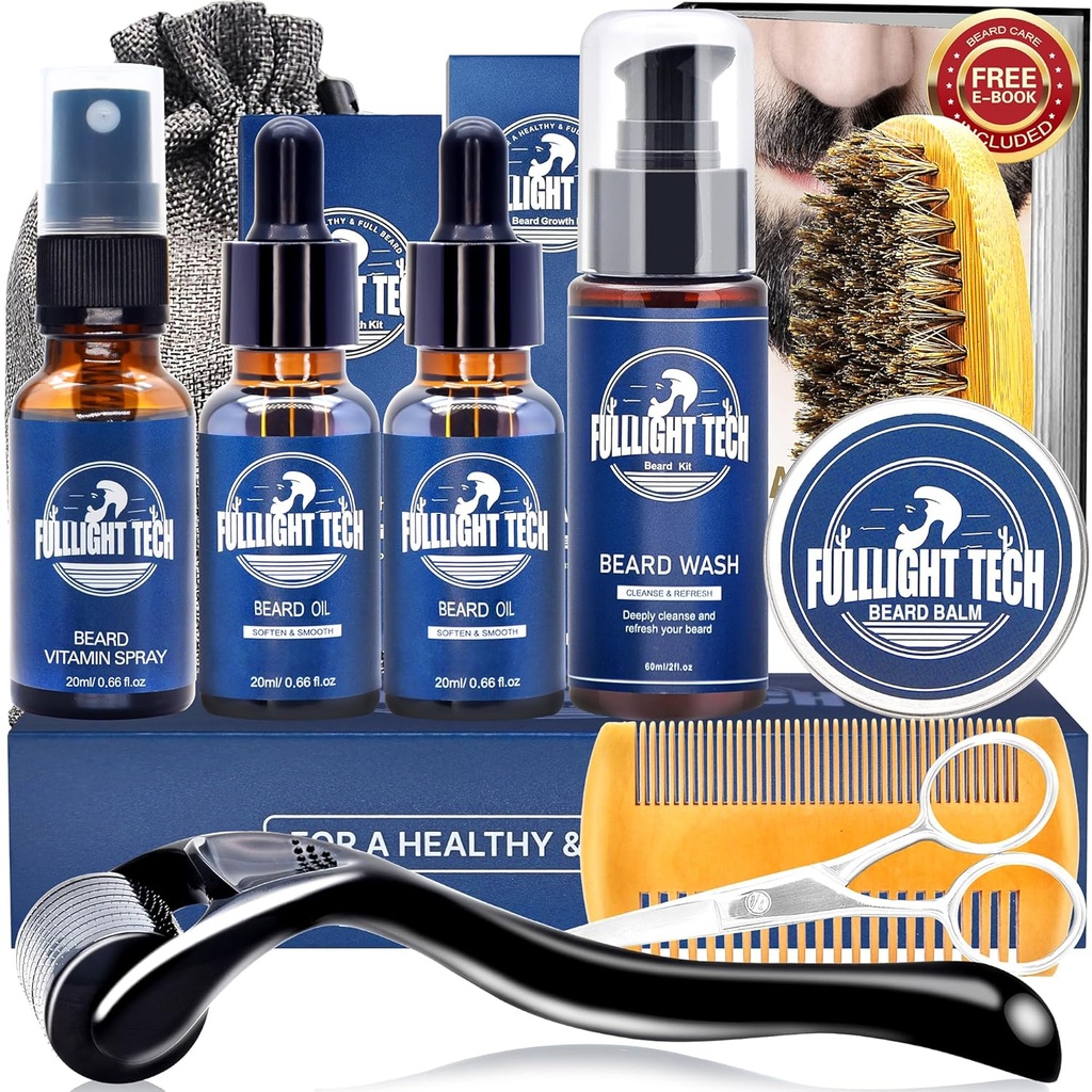 Kit de cuidados de barba para homens-nauriscos amaciando grooming barba patchy W / Vitamina Spray, Óleo de bigode, Balm, Lavar, Escova de bristle de barco, Comb de madeira, tesouras,Valentines Pais presentes para homens pai ele marido namorado