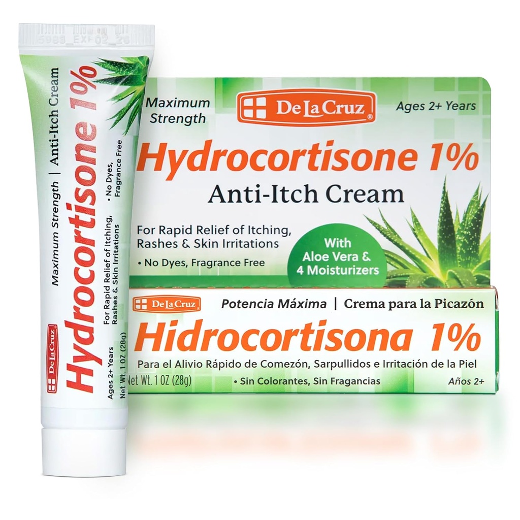 De La Cruz 1% Hidrocortisona Creme - Força Máxima - Topical Anti Comichão Hidrocortisona Creme com Aloe Vera e Hidratantes para pele seca, vermelhidão, Dermatite, Eczema e Rashes - 1 OZ (28g)