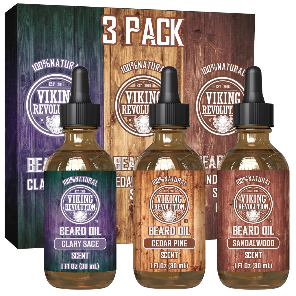 Viking Revolution Beard Oil for Men 3 Pack - Natural Mens Beard Oil Variety Set - Sandalwood, Pine and Cedar, Clary Sage Scents - Beard Condicionamento e Hidratação para uma Barba Saudável (3 Pack, 1 onças)