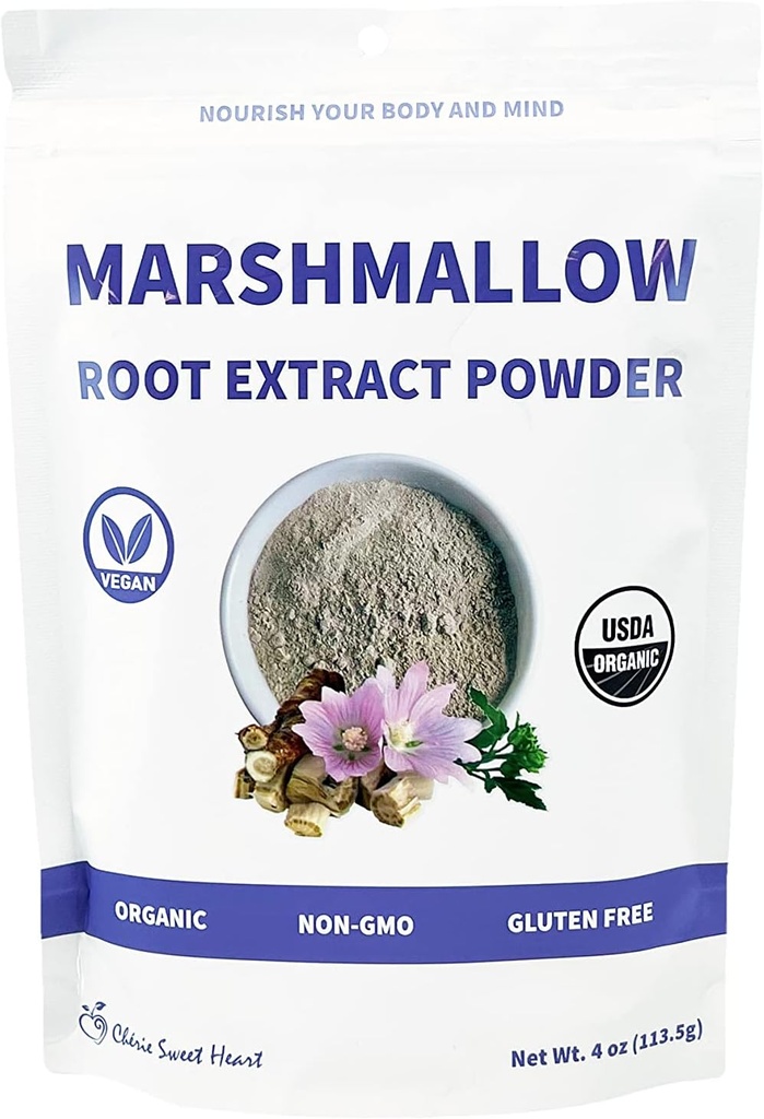 Chérie Sweet Heart USDA Organic Marshmallow Root Powder, Filler Free, tradicional usado, Sem OGM, Vegan Friendly, 4 Onças