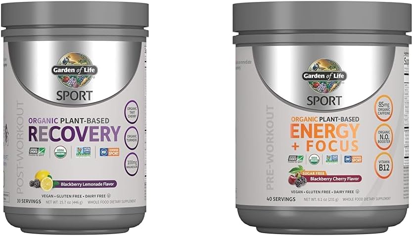 Jardim da vida Vegan Organic Plant-based Pós de treino Recuperação Pó, 30 Servings, 15.7 Oz & pré-treino Energia Pó, 40 Servings, 8.14 Oz Bundle