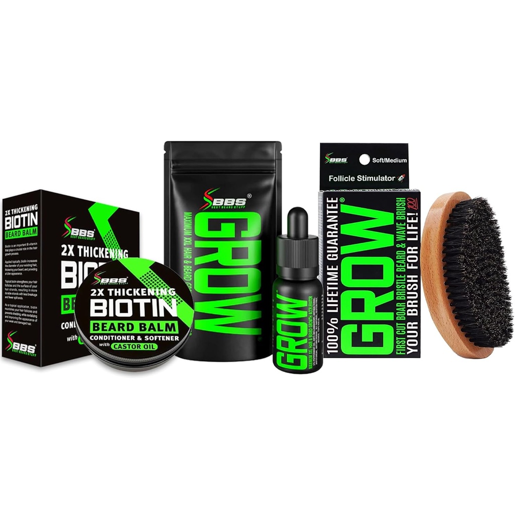 Kit de crescimento de barba w/GROW XXL Óleo de barba/Serum para o crescimento do cabelo facial para homens + 100% de substituição vitalícia Escova de javali + 2X Espessura Biotin Mustache Wax & Balm para homens - Formulado na América