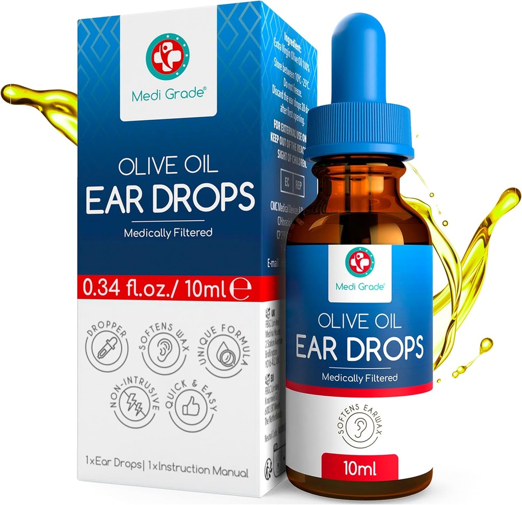 Medi grau Olive Oil Orelha gotas para remoção de cera e orelhas bloqueadas, 10ml - 100% Natural Ear Wax Removal gotas com Pipette Dropper suaviza e remove endurecido Earwax Buildup - Advanced Ear Wax gotas
