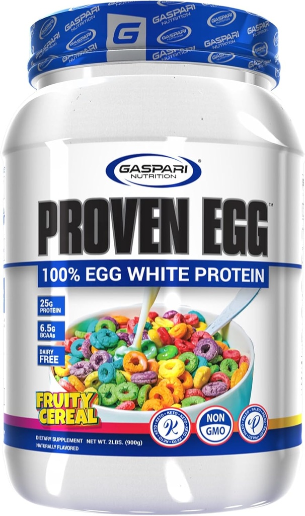 Gaspari Nutrição Ovo provado, cereal frutado, proteína branca 100% ovo, proteína 25g, Keto Friendly, leite e lactose livre, soja livre (2 lbs, cereal frutado)