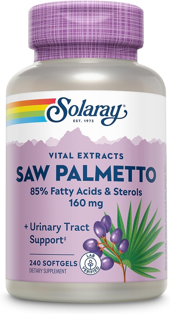 SOLARAY Saw Palmetto Extract - Prostate Health and Urinary Tract Support - 136 mg de ácidos gordos e esterols - Lab verified, 60-Day Money-Back Garantia (240 Servings, 240 Softgels)