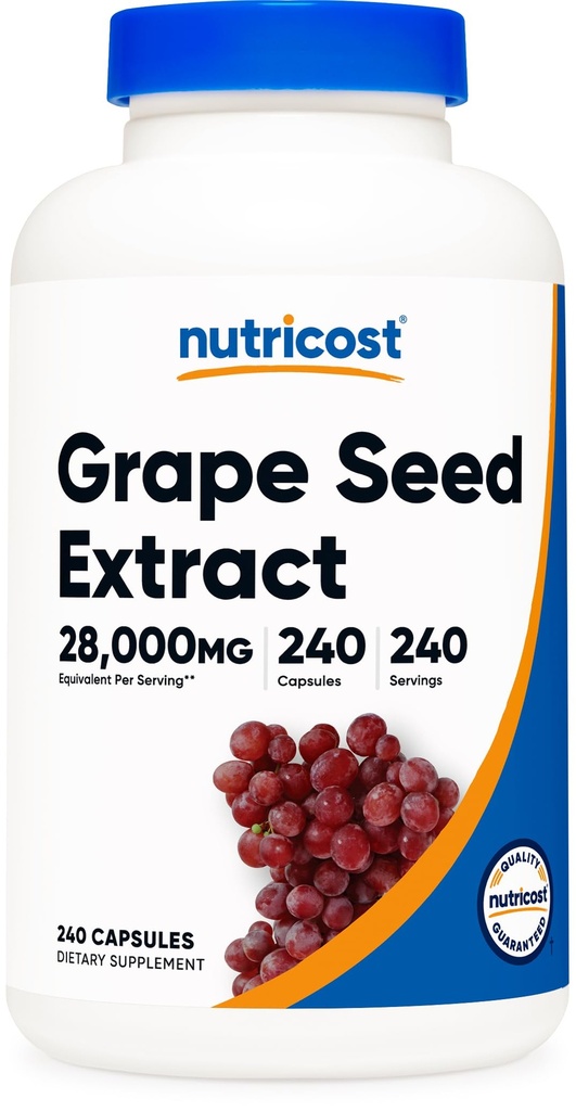 Extrato de Sementes de Uva Nutricost 28,000mg, 240 Cápsula - Não-GMO, Glúten Livre, Vegetariano Friendly