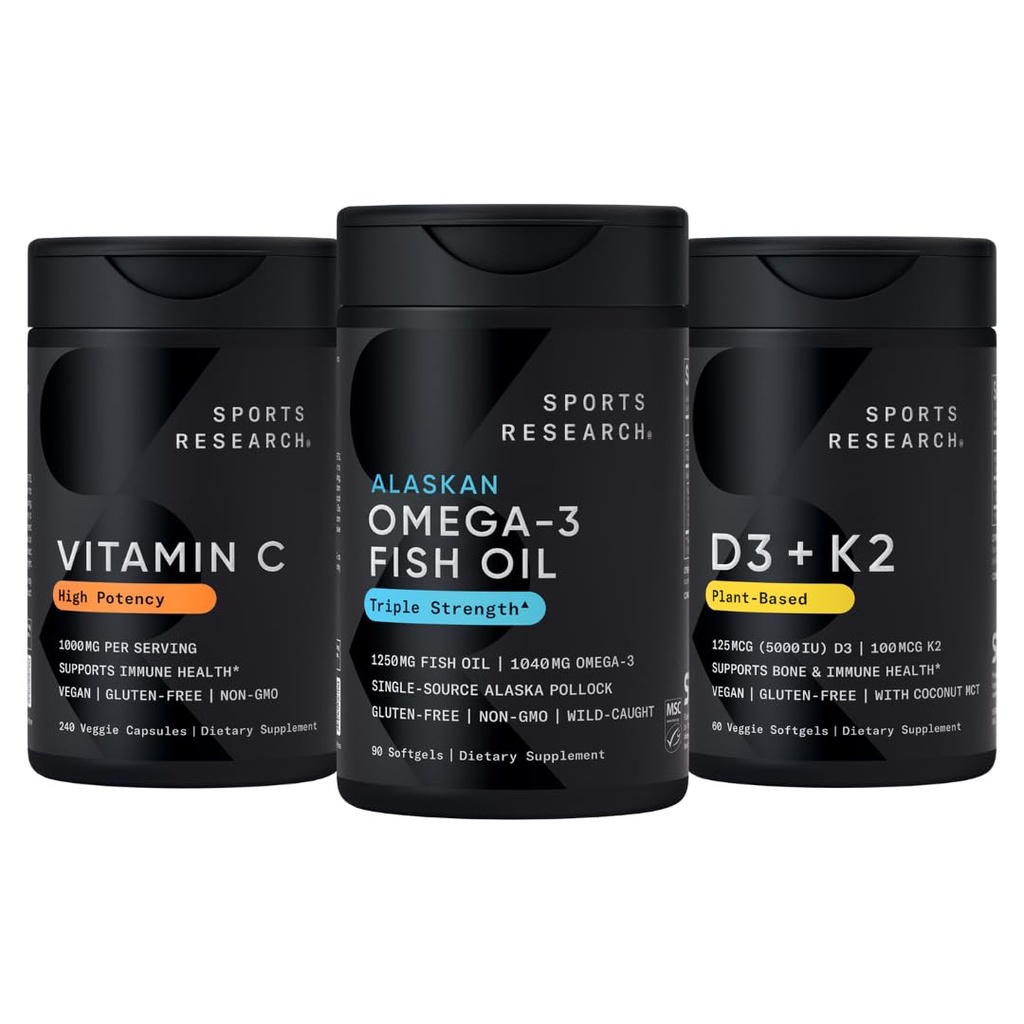 Sports Research 1250 mg Omega 3 Óleo de peixe arroto - Wild Alaskan Pollock - (90 Conde), alta potência Vegan Vitamina C 1000mg (240 Conde) + Vegan 5000iu Vitamina D com 100mcg Mk7 Vitamina K (60 Conde)
