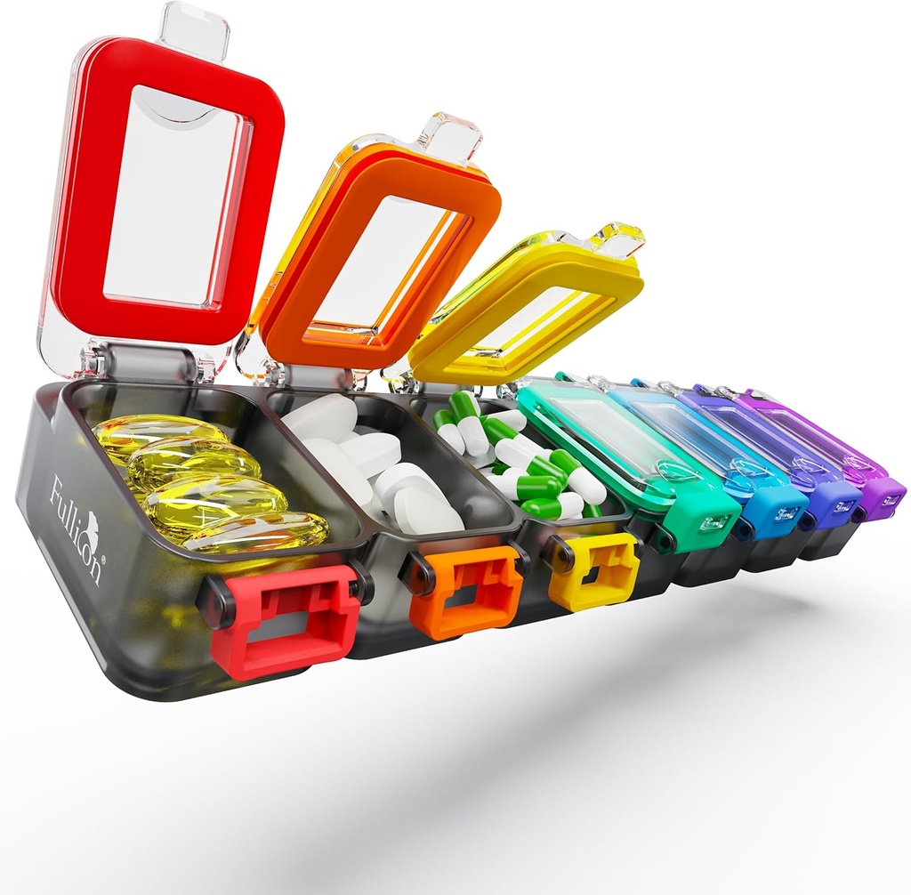 Fullicon Weekly Pill Organizer 7 dias Ultra Moisture and Spill Proof Daily Pill Box, grande caso de medicina com fivela segura, container de comprimidos de viagem compacta para pílula, vitamina e óleo de peixe (Rainbow Black)