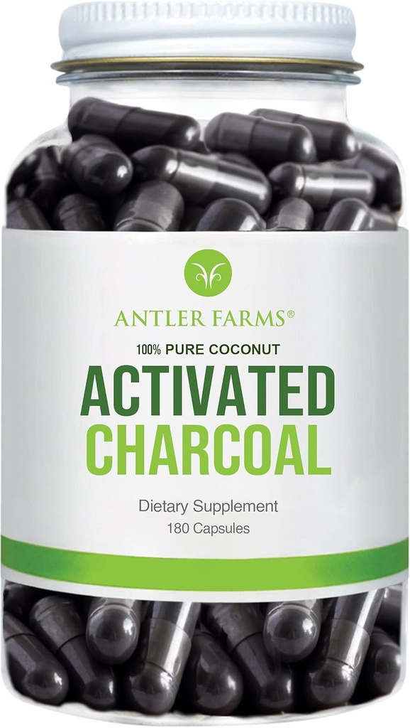 Antler Farms - 100% Coco puro carvão ativado, 180 Cápsulas 260mg - Selvagem Colheitada, Shell de coco virgem, USP Grau Alimentar, Vapor ativado, Ultra Fine