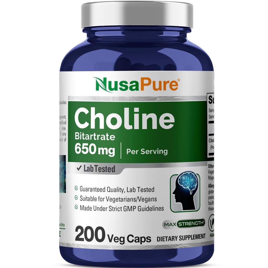 NusaPure Choline Bitartrate 650 mg 200 Cápsulas Veggie (Vegetariano, Não-GMO, Vegan)