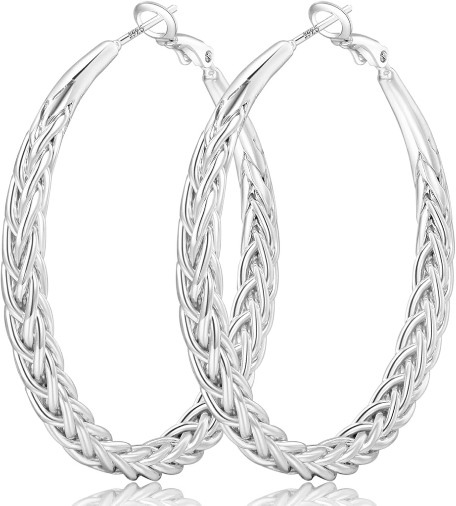 Brincos de Hoop Prata Senteria para Mulheres Hypoallergenic 925 Sterling Silver Post Hoop Brincos Leve Hoops Grande Brinco Espessura Torcido Prata Hoops 30/40/50MM