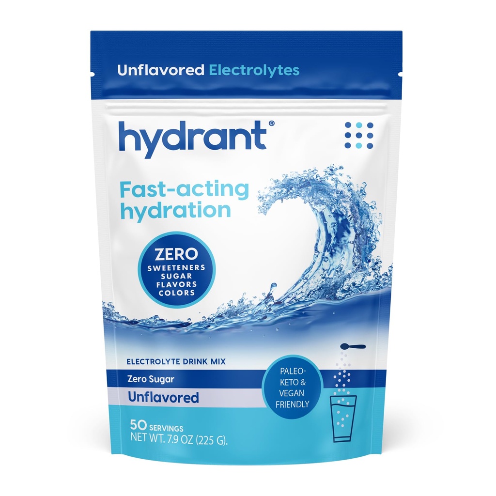 Hydrant - Bulk Hydration Powder, sem sabor, 50 Servings Rápido Atuando Electrolyte Rehydration Powder - Zero Sugar Flavorless Drink Mix para uso diário, viagens e exercícios