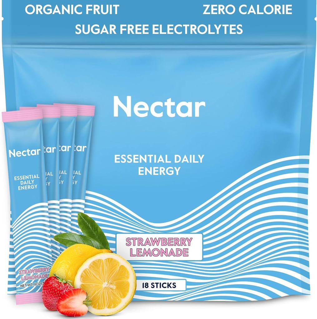 Nectar Energia Booster - Cafeína orgânica, B12 & Eletrolíticos - Sugar Free & Zero Caloria – Café saudável, Energia Beber & Soda Alternativa – Hydration & Energy Supplement (Straw. Limonada 18 Packets)