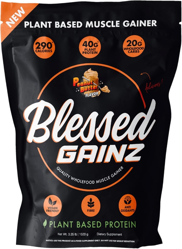 BLESSED Gainz Vegan proteína pó massa Gainer - 40g planta baseada em pó de proteína - Shake de substituição de refeição com pó de proteína de ervilha - Vegan Protein Shake - 40 Servings (Manteiga de amendoim)
