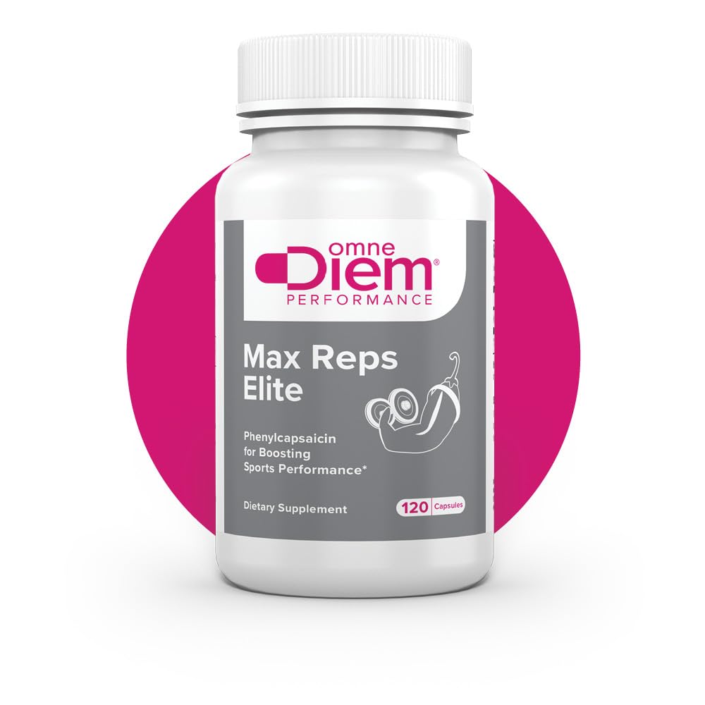 Omne Diem Max Reps Elite Cápsulas - Phenylcapsaicin Desempenho Esporte Suplemento dietético - Suporta Máximo de exercício e recuperação e reduz a fadiga - para homens e mulheres - 120 ct