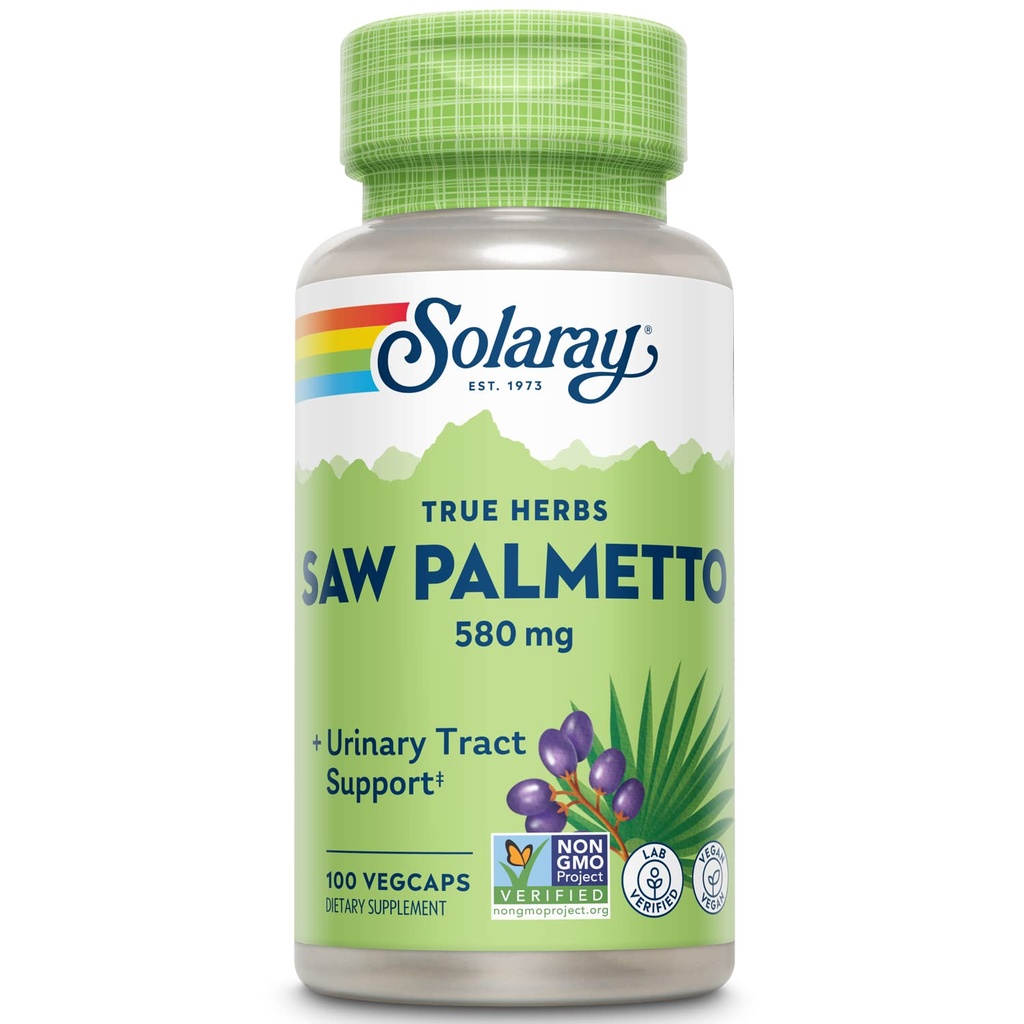 SOLARAY Saw Palmetto Berry 580 mg, Próstata saudável e trato urinário Apoio de ácidos gordos e plantas Sterols para homens e mulheres, Não-GMO, Vegan & Lab verificado, 100 VegCaps, 100 Servings