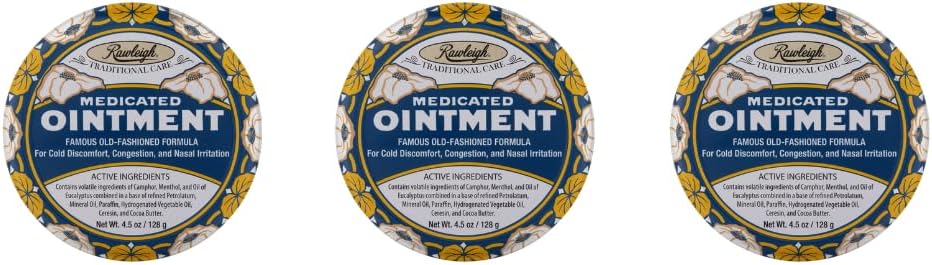 Pomada Medicada Rawleigh: Estanho Azul 4,5 oz, Esfregadura Toxeira para Frio, Congestão Nasal, Dores Menores, com Cânfora, Mentol e Eucalyptus, Fórmula Não-Greasy - Pack of 3