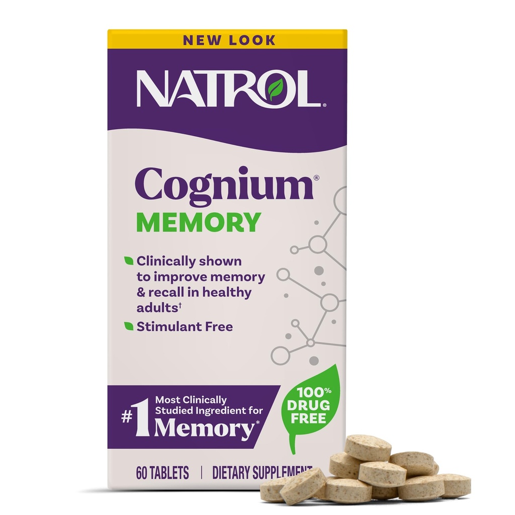 Memória de Natrol Cognium, Suplementos de Saúde do Cérebro para Adultos, Suplemento dietético para Saúde do Cérebro e clinicamente mostrado para melhorar a memória e lembrar em adultos saudáveis, 60 comprimidos, até uma fonte de 30 dias