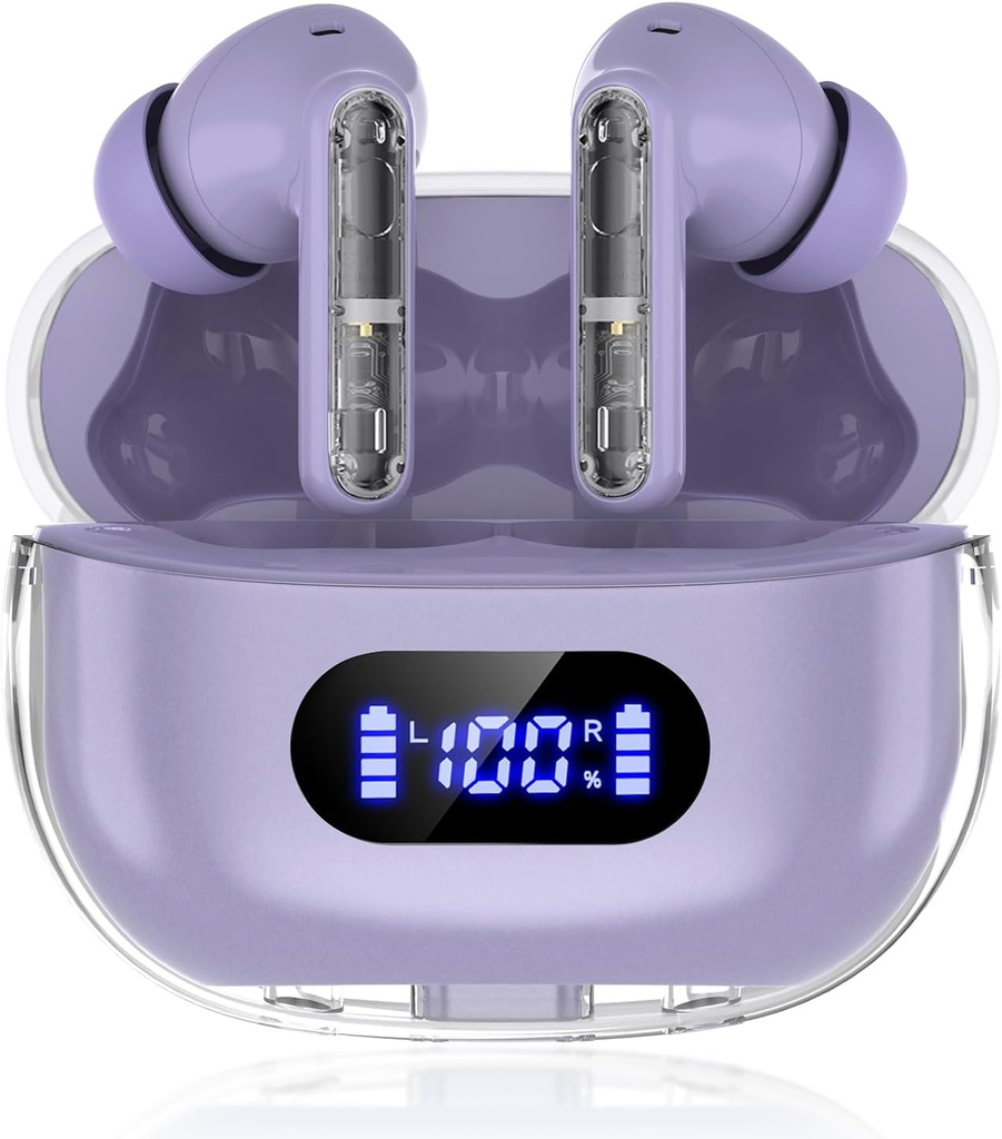Earbuds sem fio roxo P1 PRO, fones de ouvido Auscultadores Bluetooth sem fio com microfones de chamada clara Ear Buds, Fit confortável, IPX7 Waterproof Long Battery Life, 30H Playtime para treino desportivo