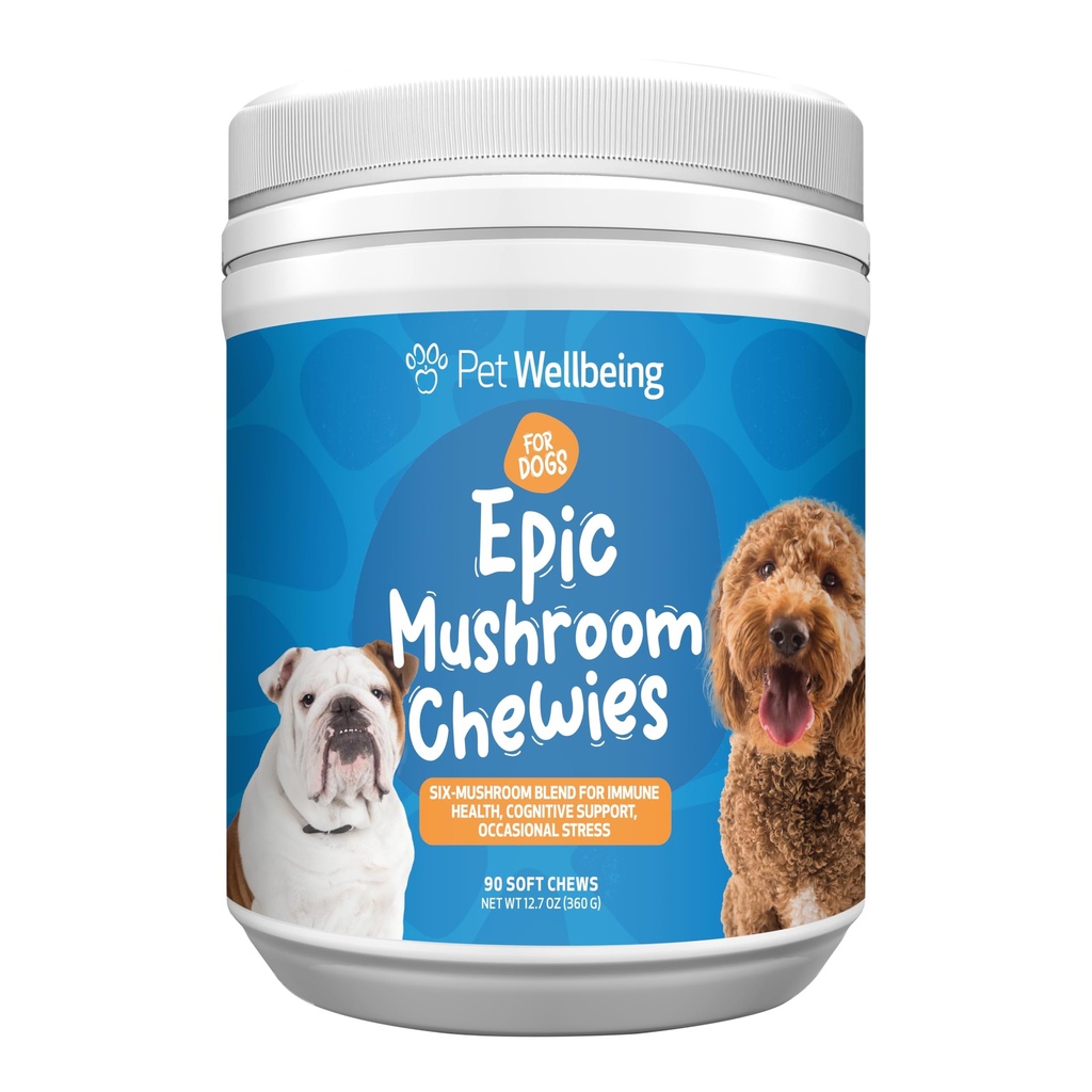 Bem-estar Pet Epic Mushroom Chewies for Dogs - Suporte Imune, Saúde Cognitiva, Apoio ao Stress Adaptogenic com Reishi, Chaga, Mane Mane Mane Functional Mushrooms - Veterinário-Formulada 90 Mastigas Macios