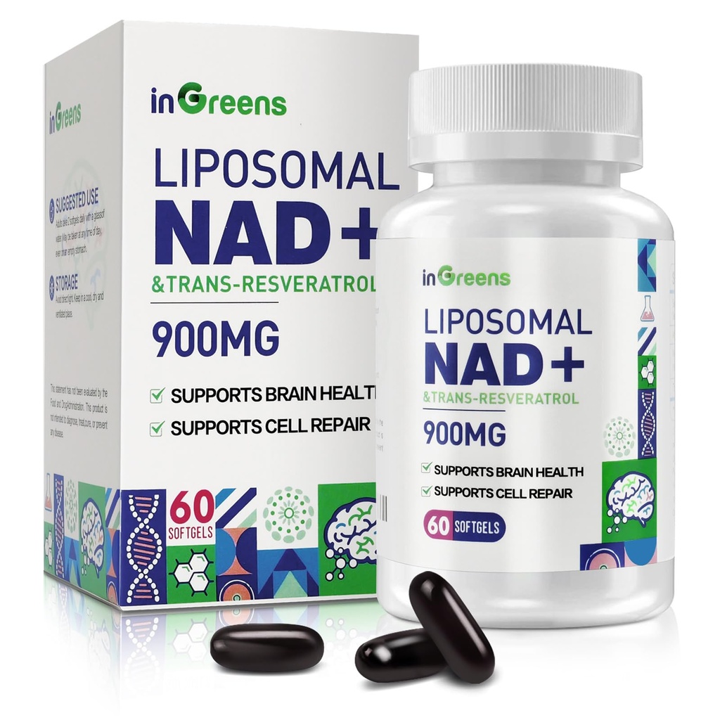 900 mg NAD lipossómico+ Suplemento com Trans Resveratrol 300 mg, substitui NMN, Absorção Superior, Verdadeiro NAD Plus Suplemento para reparo de DNA e aumentar NAD+, defesa do envelhecimento, energia, longevidade, 60 Softgels