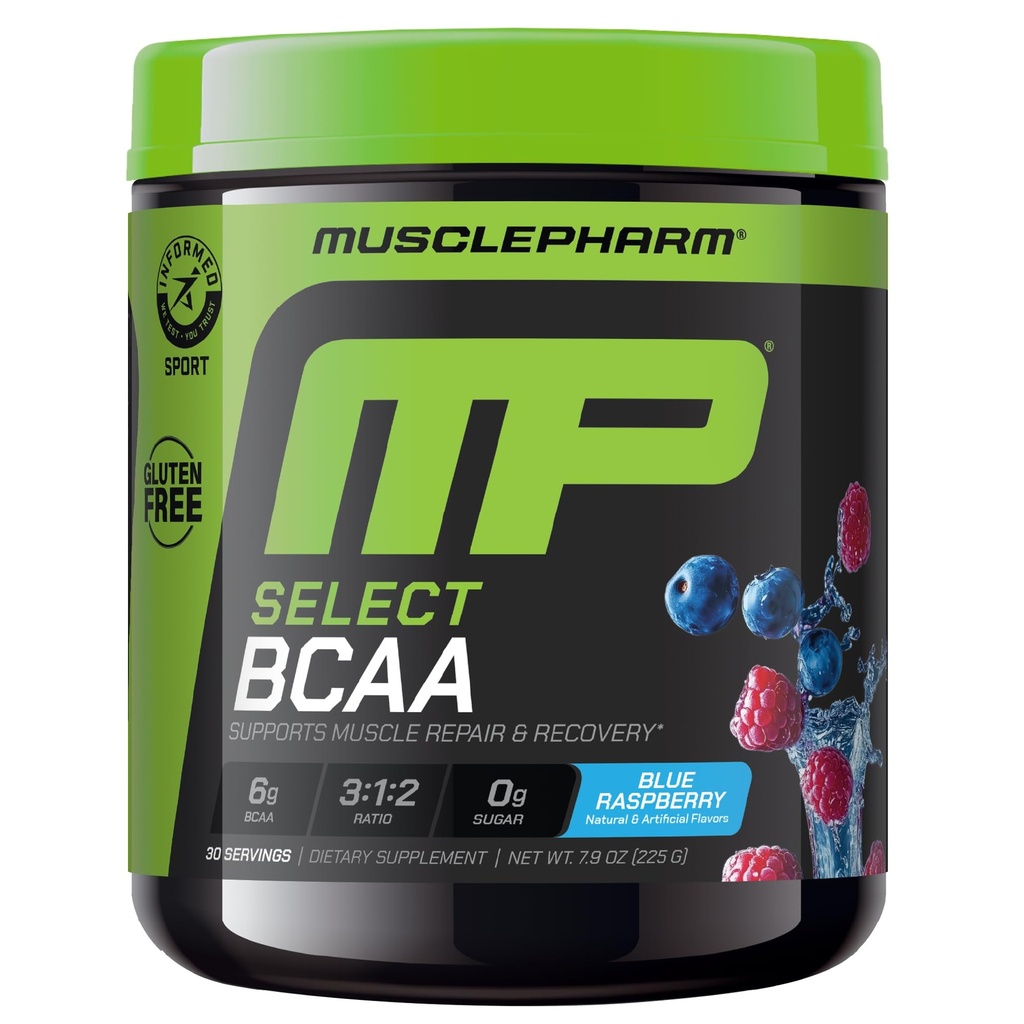 MusclePharm Essentials BCAA em pó, pré e pós de recuperação de exercícios Drink, Suporta recuperação muscular e produção de energia, Suplemento de Aminoácidos Essential, 30 Servings, sabor de framboesa azul