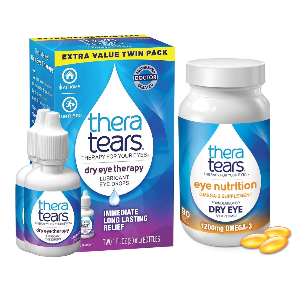 TheraTears 1200mg Omega 3 Supplement for Eye Nutrition, and VIT E, 90 Count Eye Drops for Dry Eyes, Twin Pack, 30mL 1 Fl oz Cada (Packaging May Vary)