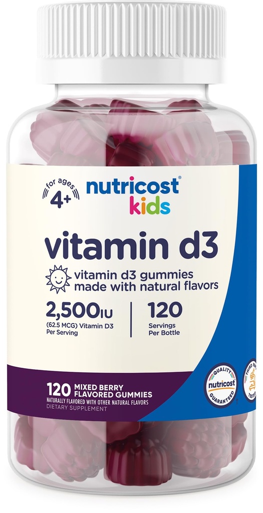Nutricost Kids Vitamina D3 Gummies 2.500 UI (62.5mcg), 120 Gummies - Mistura de sabor de cereja