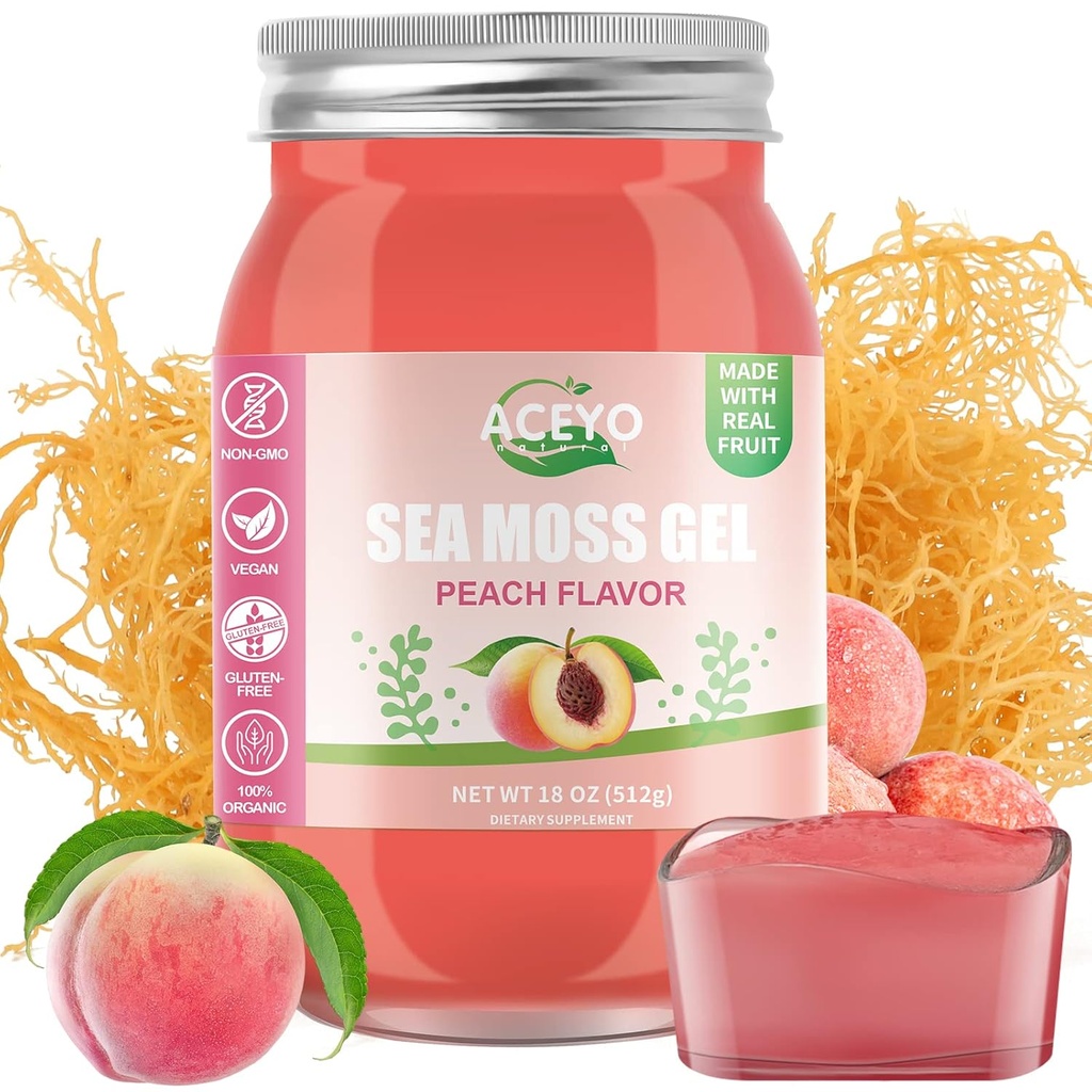 ACEYO (18 OZ) Irish Sea Moss Gel Organic Raw Vegan Peach Flavor 102 Vitaminas e Minerais Selvagens Colhidas Não-GMO Imune Defense Booster Thyroid Digestive Support