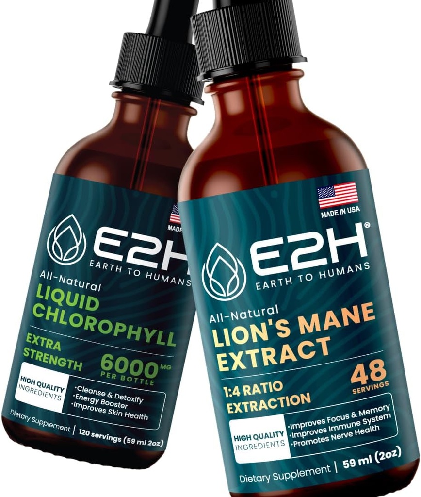 E2H: Clorofila Líquida e Cogumelo de Mana de Leão □ Vegan, Não-GMO - 2 Fl Oz Cada (4 Fl Oz Total) - Pacote
