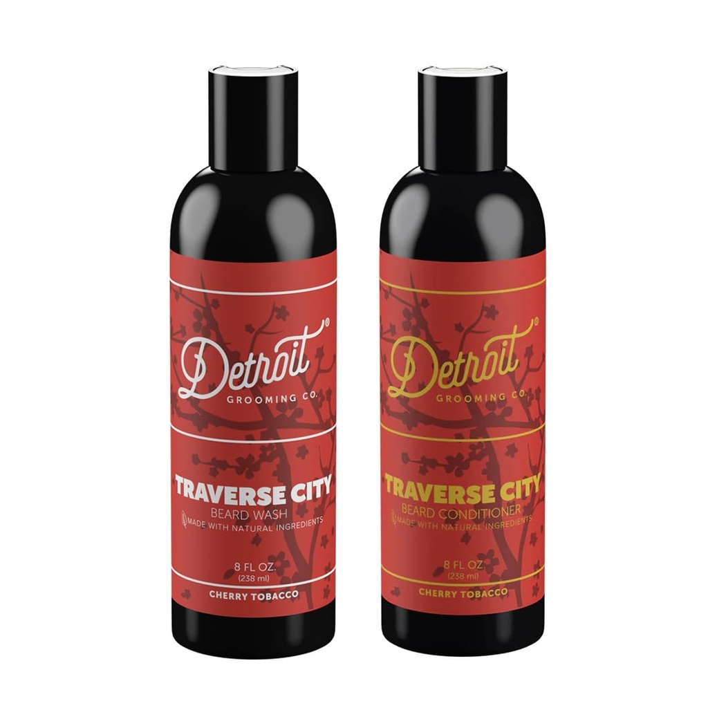 Detroit. Grooming Co. Beard Wash and Beard Conditioner - Kit masculino - suavizar, fortalecer, hidratar - óleo de biotina-infundido w/Argan, extrato de maçã, Aloe Vera - Cherry Tobacco Scent - Traverse City - 8 onças