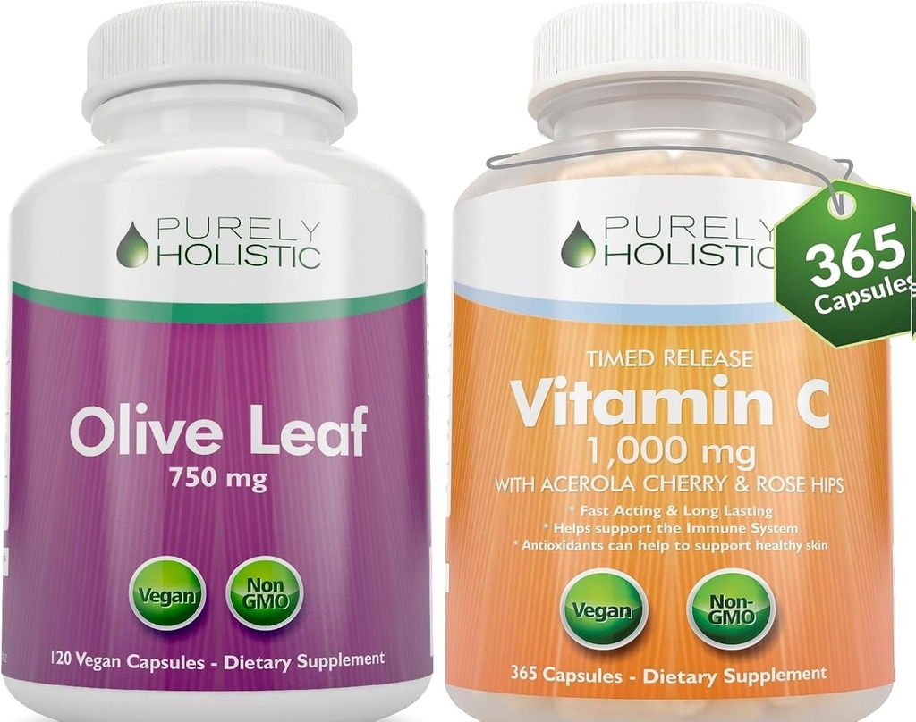 Puramente Holistic Olive Leaf Extract 750mg + Vitamina C 1000mg 2 Pacote de lançamento Estágio - 485 Cápsulas Vegan - Made in the USA