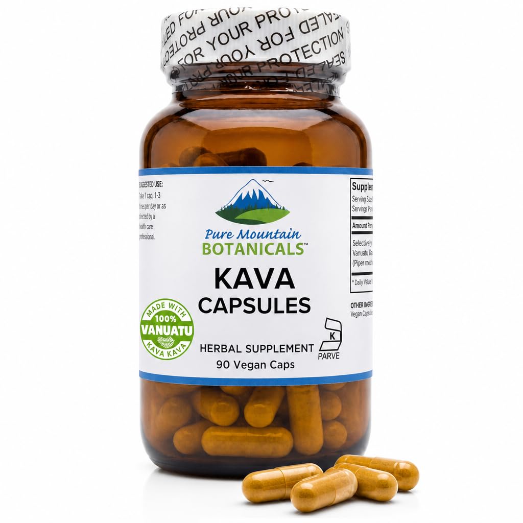 Pure Mountain Botanicals Kava Kava Cápsulas - 90 Kosher Vegan Caps com 400mg Wild Vanuatu Kava Root Extract