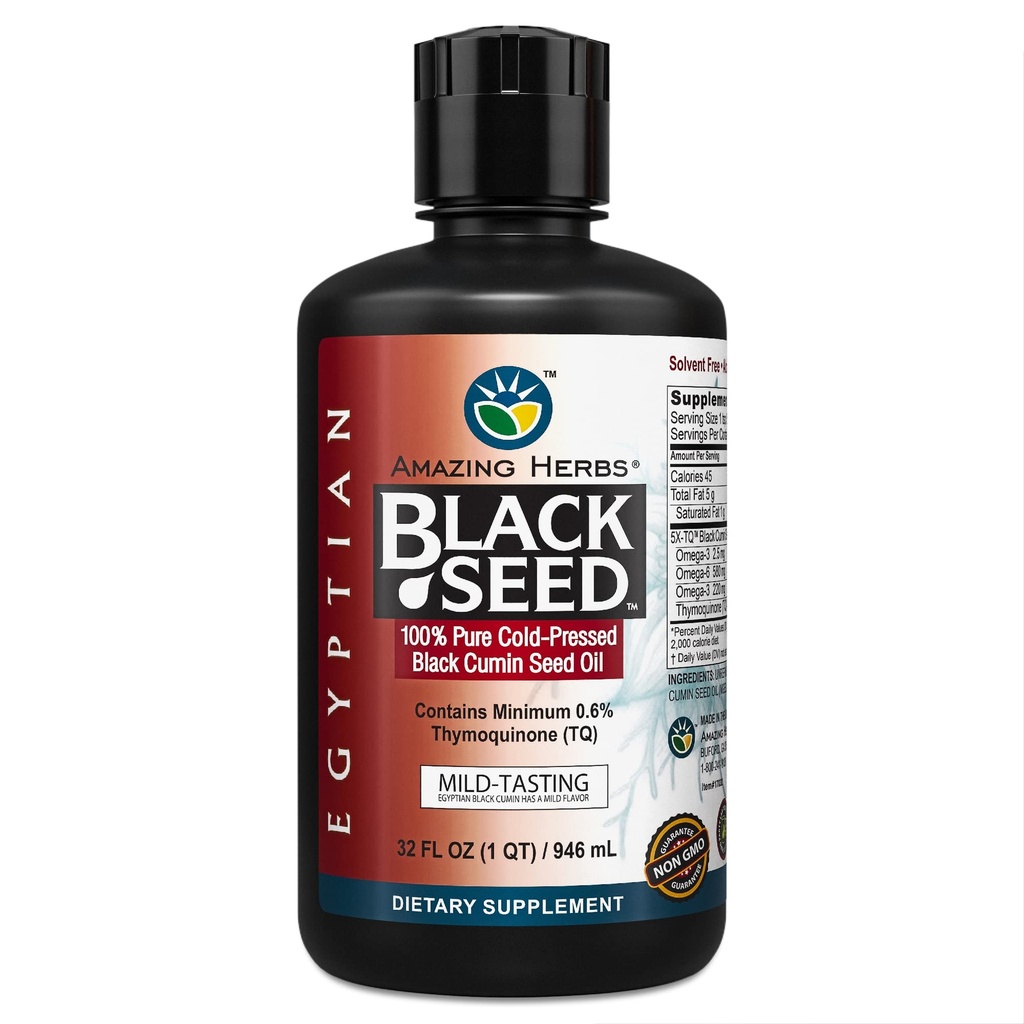 Amazing Herbs Egyptian Black Seed Oil - Gluten Free, Non GMO, Frio Pressed Nigella Sativa Aids em Saúde Digestiva, Suporte Imune, Função do cérebro, sabor suave - 32 Fl Oz