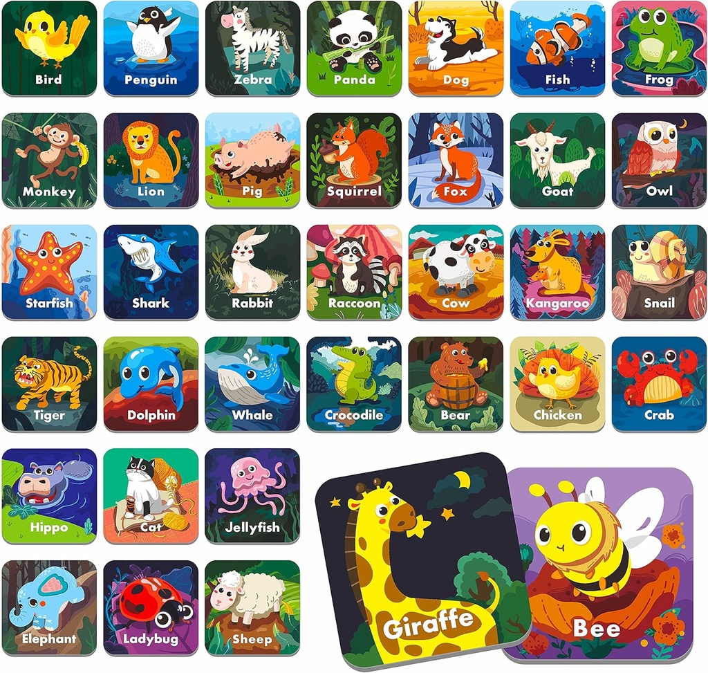 Hebayy 36 par animal correspondência memória flash cards jogo para crianças, pré-escola, jardim de infância e casa. Apagável, Diversão & Rápido, Viajar amigável, Edifício de habilidades. Tamanho 2” x 2”(5 x 5 cm)