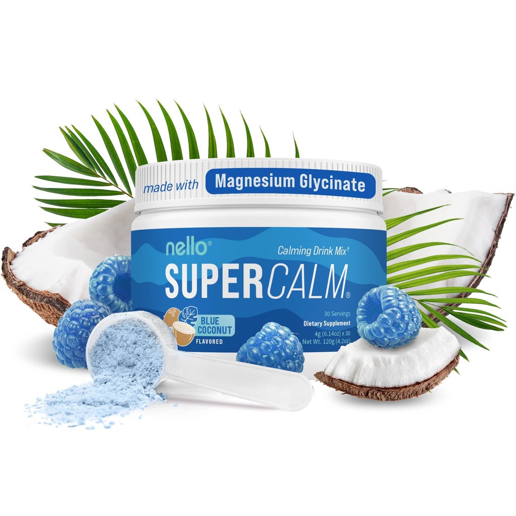 Nello Supercalm Powder Drink Mix, Coco Azul, L Theanina, Ksm-66 Ashwagandha, Glicinato de magnésio, Vitamina D 3, Suplementos para Relaxamento e Foco, Sem açúcar, Não OGM, Em curso, 30 Srvgs