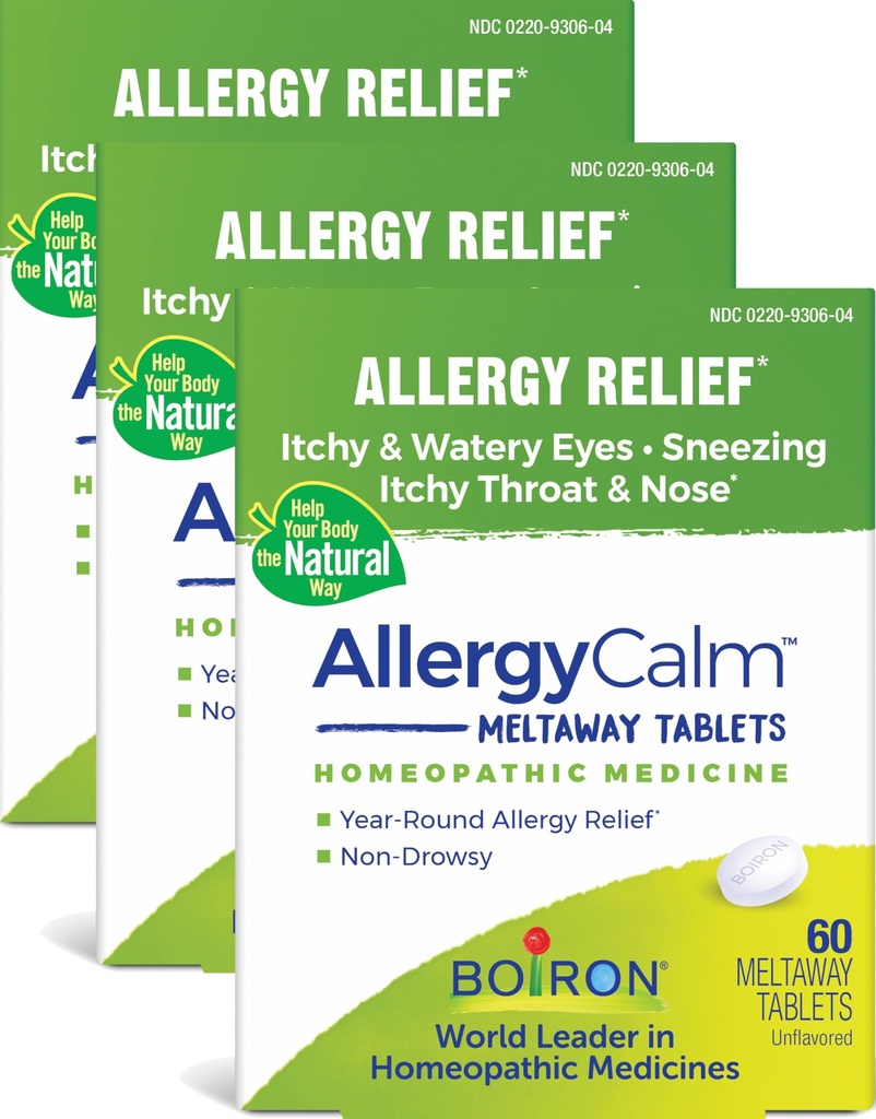 Boiron AlergiaCalm Tablets 180 Conde, alívio de alergias e Hay Fever Sintomas de espirros, Nariz Corredor, e Itchy Olhos ou Garganta, Alergia calma Tabs (Anterior RhinAllergy) (Pacote de 3 caixas 60ct)