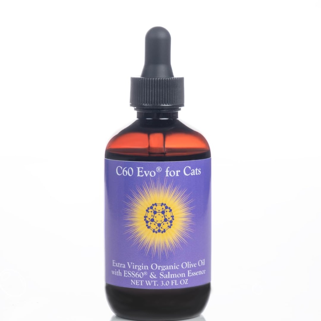 ESS60 Azeite para Gatos - Azeite Extra Virgem Orgânico, Puro C60 ESS60 (.8 mg/ml) e essência de salmão natural para apoiar a flexibilidade, energia, imunidade, longevidade dos seus gatos - 3 onças