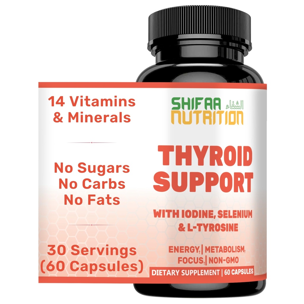NUTRIÇÃO SHIFAA Suporte de tiroide Halal 30 Servings □ Suplemento de alívio não-GMO w/ B12, iodo, selênio, L-Tirosina □ Suporta energia, metabolismo, foco, clareza, equilíbrio de cortisol