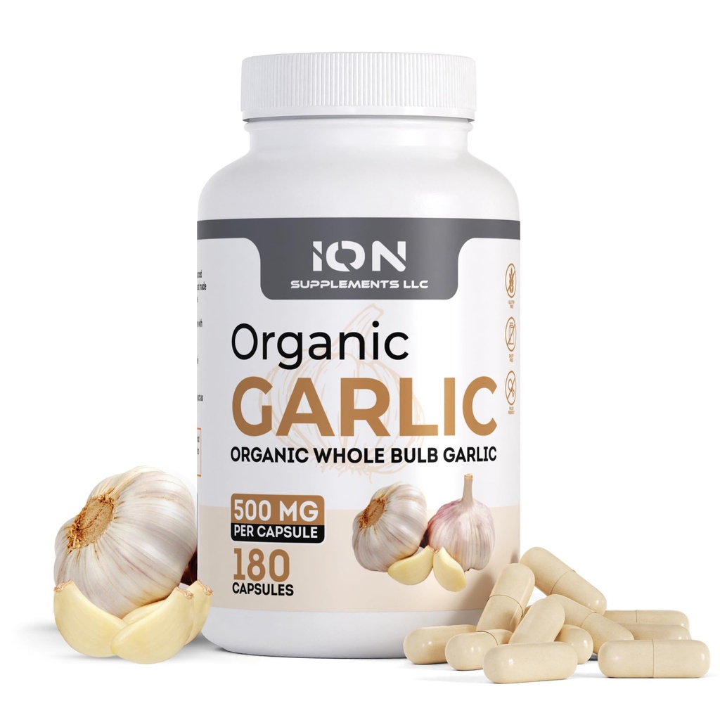 Suplementos de iões (Herbal Organic Whole Bulb Alho Cápsulas) 500 mg por tampa, 180 Caps (Sem enchimentos ou agentes de fluxo) 100% Raízes naturais
