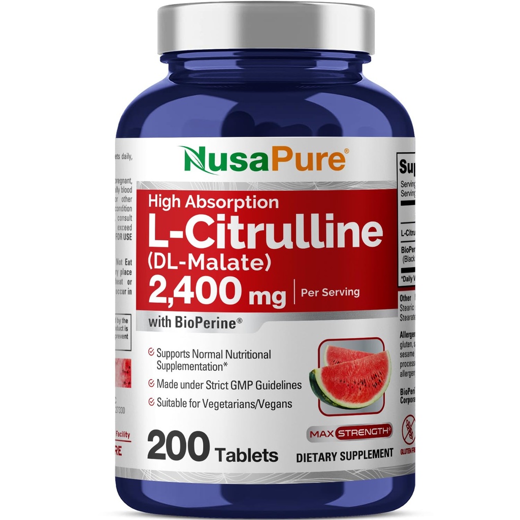 NusaPure L-Citrulina 2.400mg 200 Comprimidos Vegetarianos (Não-GMO, Sem Glúten, Fornecimento de 100 dias, Bioperina)